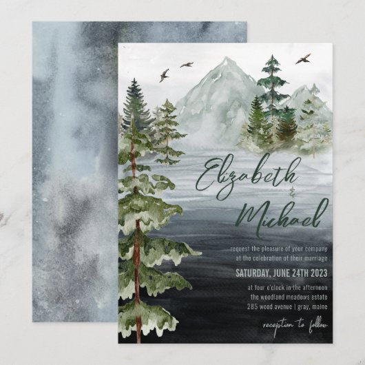 Rustige Waterverf Evergreen Mountain Wedding Kaart (Voorkant / Achterkant)