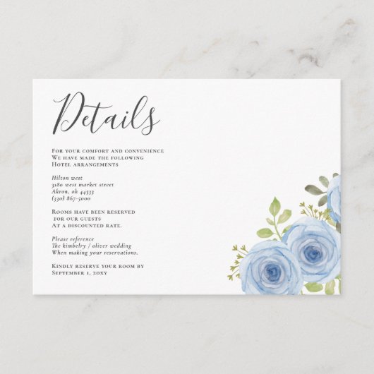 Rustige Waterverf Floral Dusty Blue Wedding Informatiekaartje (Voorkant)