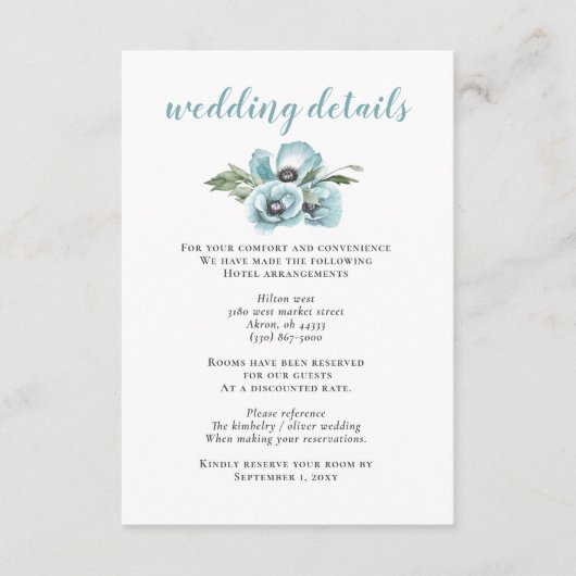 Rustige Waterverf Floral Dusty Blue Wedding Informatiekaartje (Voorkant)