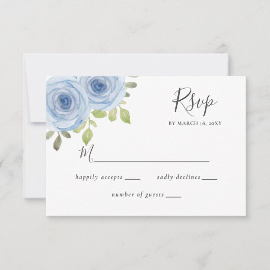 Rustige Waterverf Floral Dusty Blue Wedding RSVP Kaartje (Voorkant)