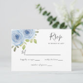 Rustige Waterverf Floral Dusty Blue Wedding RSVP Kaartje (Staand voorkant)