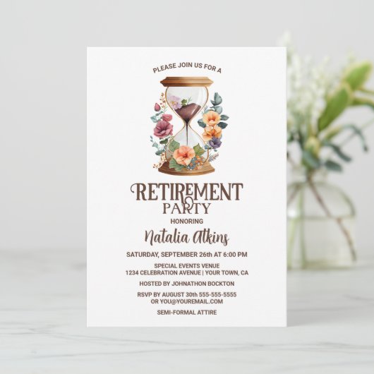 Rustige Waterverf Floral Hourglass Retirement Kaart (Staand voorkant)