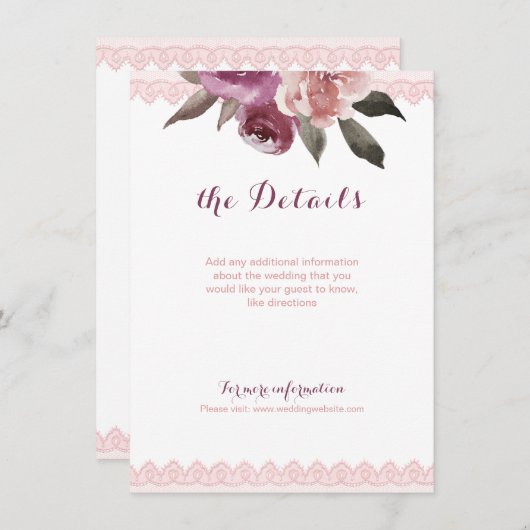 Rustige waterverf floral lace bruiloft details informatiekaartje (Voorkant / Achterkant)