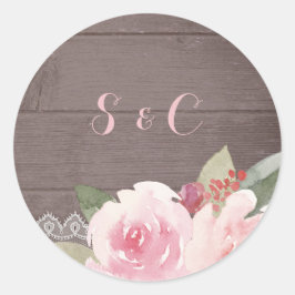 Rustige waterverf floral lace bruiloft monogram ronde sticker