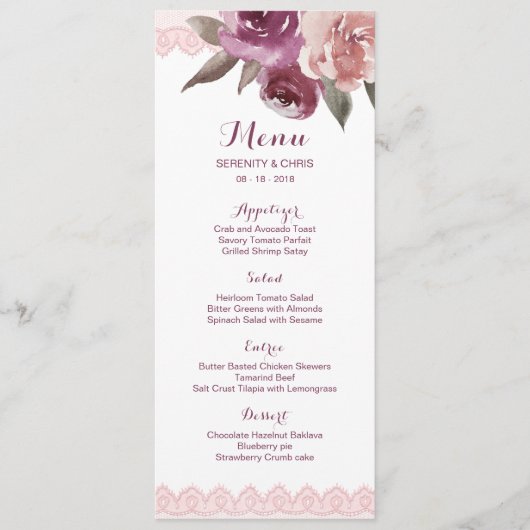 Rustige waterverf floral lace fall trouwmenu menu (Voorkant)