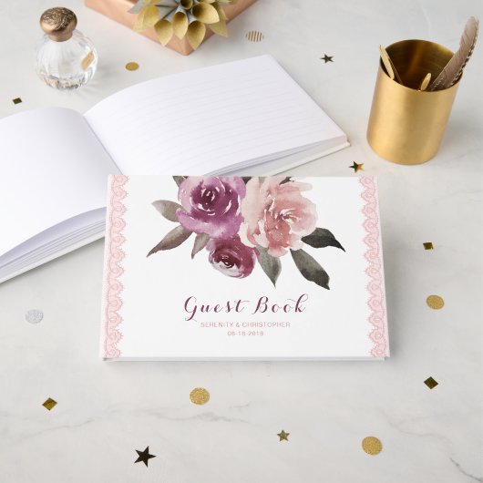 Rustige waterverf floral lace trouwgastenboek gastenboek (Voorkant open)