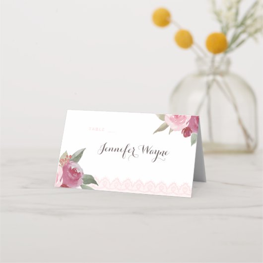 Rustige waterverf floral lace Wedding place cards Plaatskaartje (Voorkant)