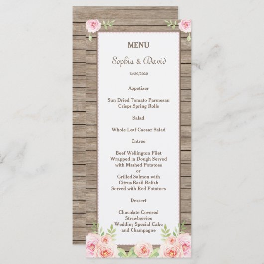 Rustige Waterverf Floral Old Wood Wedding Menu (Voorkant / Achterkant)