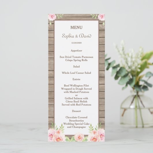 Rustige Waterverf Floral Old Wood Wedding Menu (Staand voorkant)