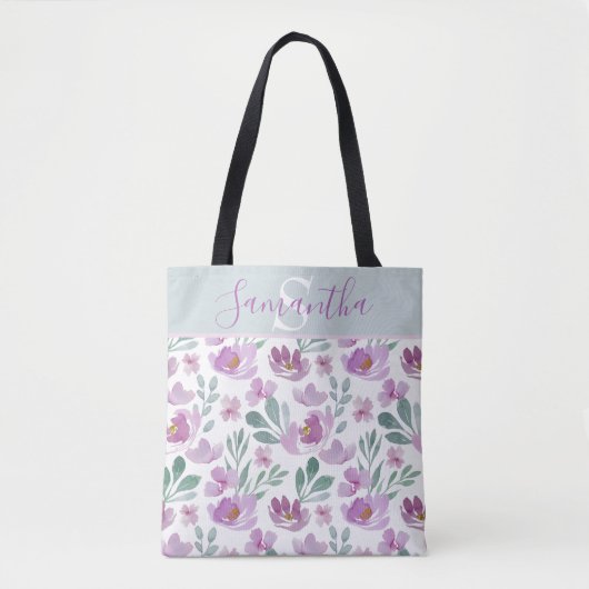 Rustige Waterverf Floral Pattern Monogram Tote Bag (Voorkant)