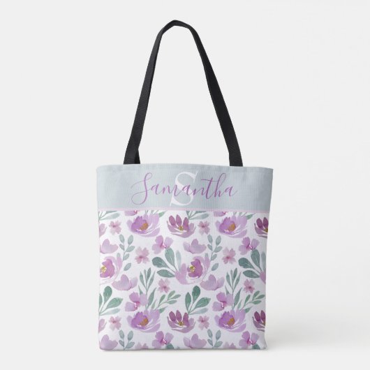 Rustige Waterverf Floral Pattern Monogram Tote Bag (Achterkant)