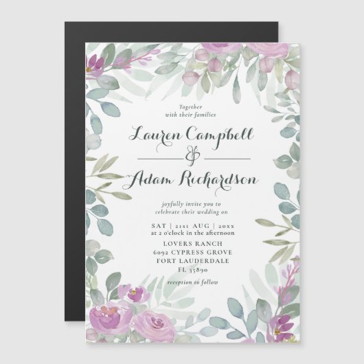 Rustige Waterverf Floral Pink Wedding Invitation Magnetische Uitnodiging (Voorkant / Achterkant)