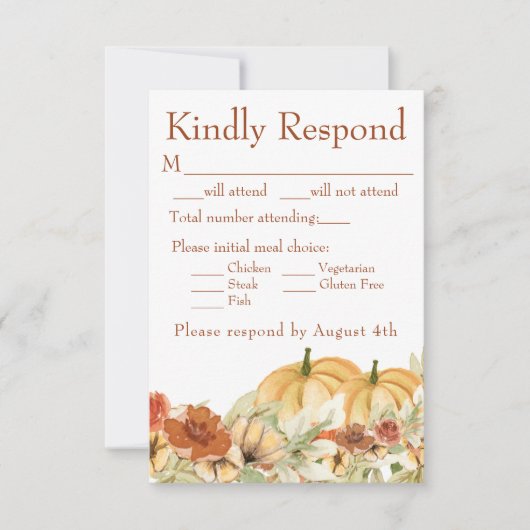 Rustige Waterverf Floral Pumpkin Wedding Reply RSVP Kaartje (Voorkant)
