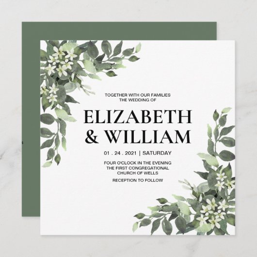 Rustige Waterverf Floral Script Wedding Uitnodigin Kaart (Voorkant / Achterkant)