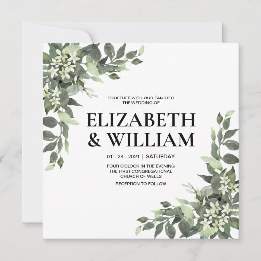 Rustige Waterverf Floral Script Wedding Uitnodigin Kaart (Voorkant)