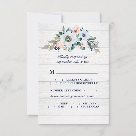 Rustige Waterverf Floral Wedding Navy Meal Choice RSVP Kaartje (Voorkant)