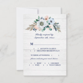 Rustige Waterverf Floral Wedding Navy Meal Choice RSVP Kaartje