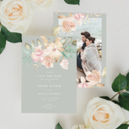 Rustige Waterverf Florals op Sage Green Foto Save The Date