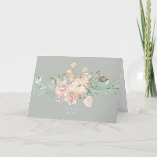 Rustige Waterverf Florals op Sage Green Wedding Bedankkaart (Voorkant)