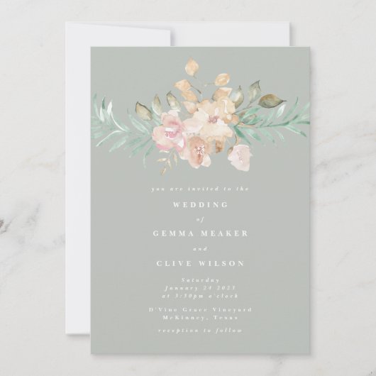 Rustige Waterverf Florals op Sage Green Wedding Kaart (Voorkant)