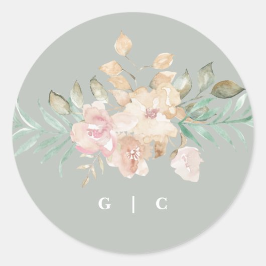 Rustige Waterverf Florals op Sage Green Wedding Ronde Sticker (Voorkant)