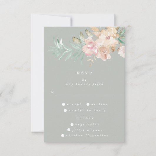 Rustige Waterverf Florals op Sage Green Wedding RSVP Kaartje (Voorkant)