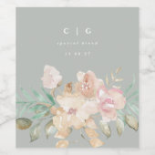 Rustige Waterverf Florals op Sage Green Wedding Wijn Etiket (Enkel label)