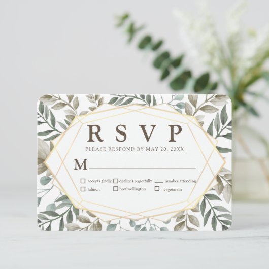 Rustige Waterverf Foliage Geometric Wedding RSVP (Staand voorkant)