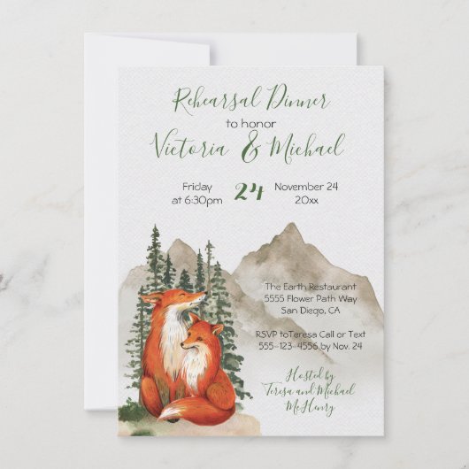 Rustige Waterverf Forest Fox Rehearsal Dinner Kaart (Voorkant)