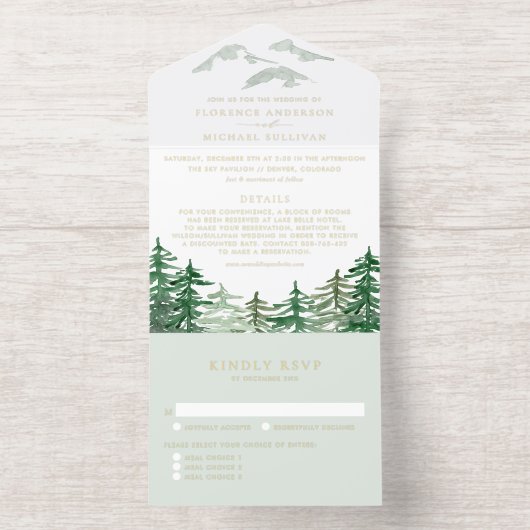 Rustige Waterverf Forest Woodland Wedding All In One Uitnodiging (Binnenkant)