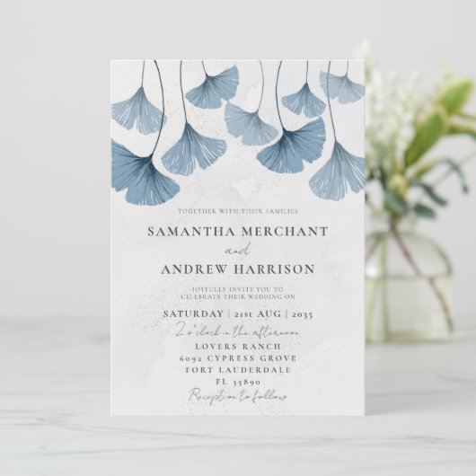 Rustige Waterverf Ginkgo Dusty Blue Wedding Kaart (Staand voorkant)
