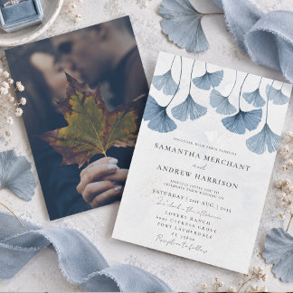 Rustige Waterverf Ginkgo Stofblauw Bruiloft Kaart