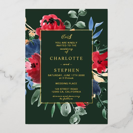 Rustige waterverf goudbruiloft met groene streep folie uitnodiging (Voorkant)