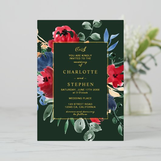 Rustige waterverf goudbruiloft met groene streep folie uitnodiging (Staand Voorkant)