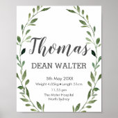 Rustige Waterverf Greenery Birth Stats Wall Art Poster (Voorkant)
