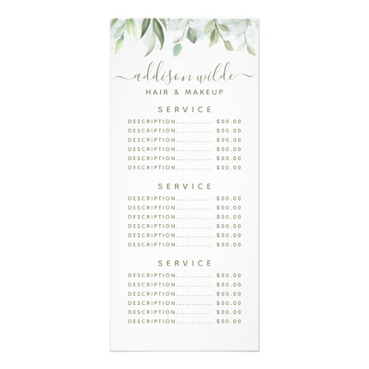 Rustige Waterverf Greenery Floral Service Price Reclamekaart (Voorkant)