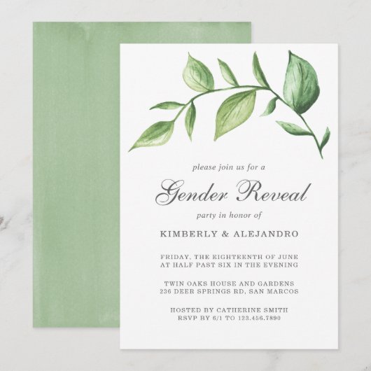 Rustige Waterverf Greenery Sprig Gender onthullen Kaart (Voorkant / Achterkant)