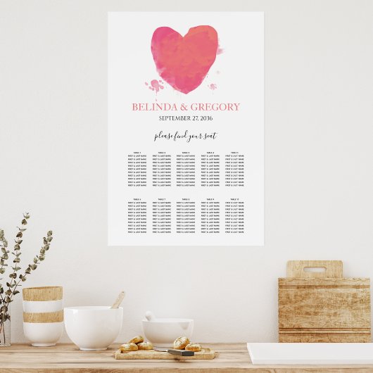 Rustige Waterverf Heart Wedding Seating Chart Poster (Keuken)
