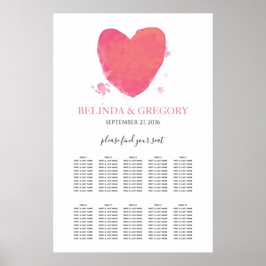 Rustige Waterverf Heart Wedding Seating Chart Poster (Voorkant)