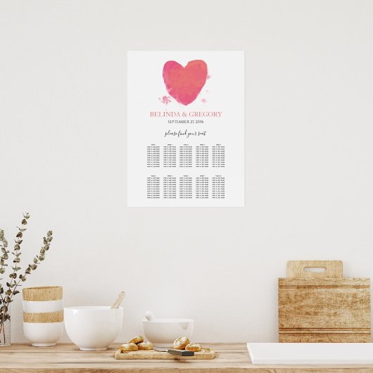 Rustige Waterverf Heart Wedding Seating Chart Poster (Keuken)