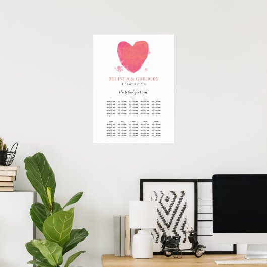 Rustige Waterverf Heart Wedding Seating Chart Poster (Thuiskantoor)