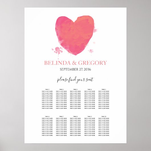 Rustige Waterverf Heart Wedding Seating Chart Poster (Voorkant)