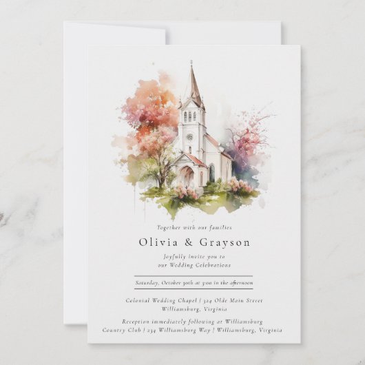 Rustige Waterverf Herfst Chapel Wedding Invitation Kaart (Voorkant)