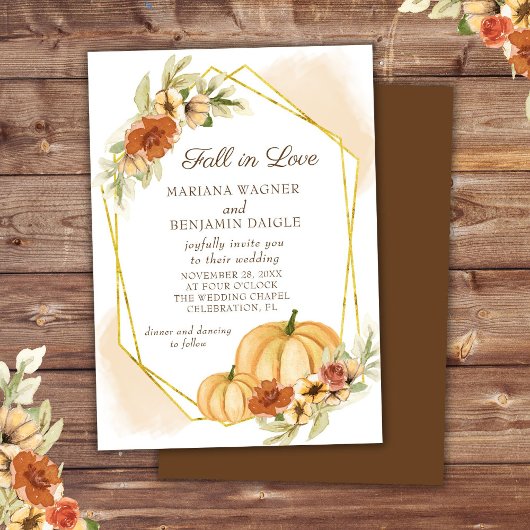 Rustige Waterverf Herfst in Love Pumpkin Wedding I Kaart