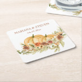 Rustige Waterverf Herfst in Love Pumpkin Wedding Kartonnen Onderzetters (Schuin)