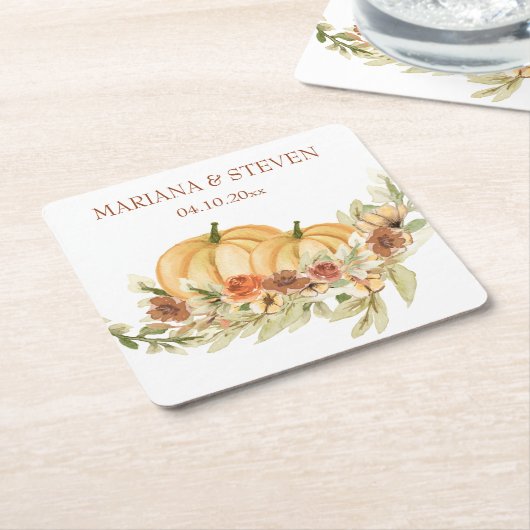 Rustige Waterverf Herfst in Love Pumpkin Wedding Kartonnen Onderzetters (Schuin)