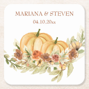 Rustige Waterverf Herfst in Love Pumpkin Wedding Kartonnen Onderzetters