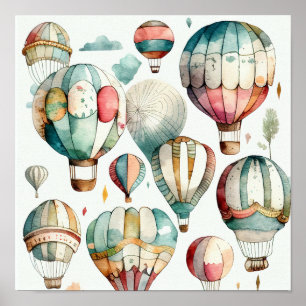 Rustige Waterverf Hot Air-ballonnen — Kunstafdrukk Poster