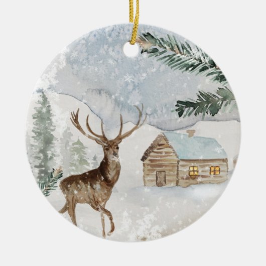 Rustige Waterverf kerst van de Cabin Keramisch Ornament (Voorkant)