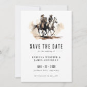 Rustige Waterverf Land Cowgirl Cowboy Horses Save The Date (Voorkant)